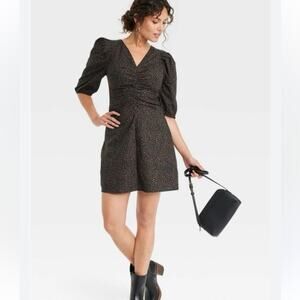 Dress Size 6 Brown Animal Print Mini Ruched Balloon Half Sleeves Fitted Bodice